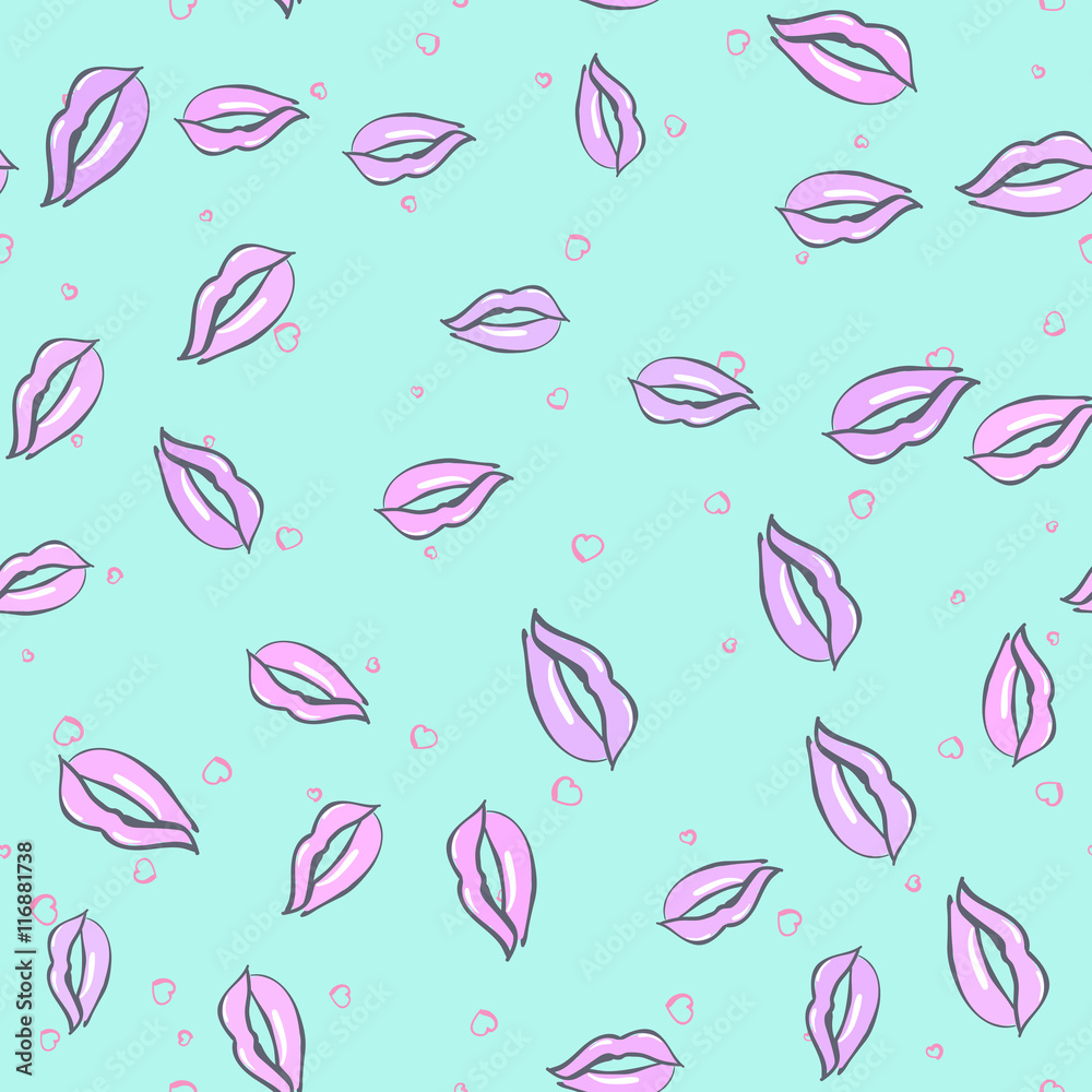 Female lips and hearts on seamless background for summer design. Summer pattern background. Vacation poster. Female lips and hearts on seamless background for summer design. Summer pattern background. Vacation poster.