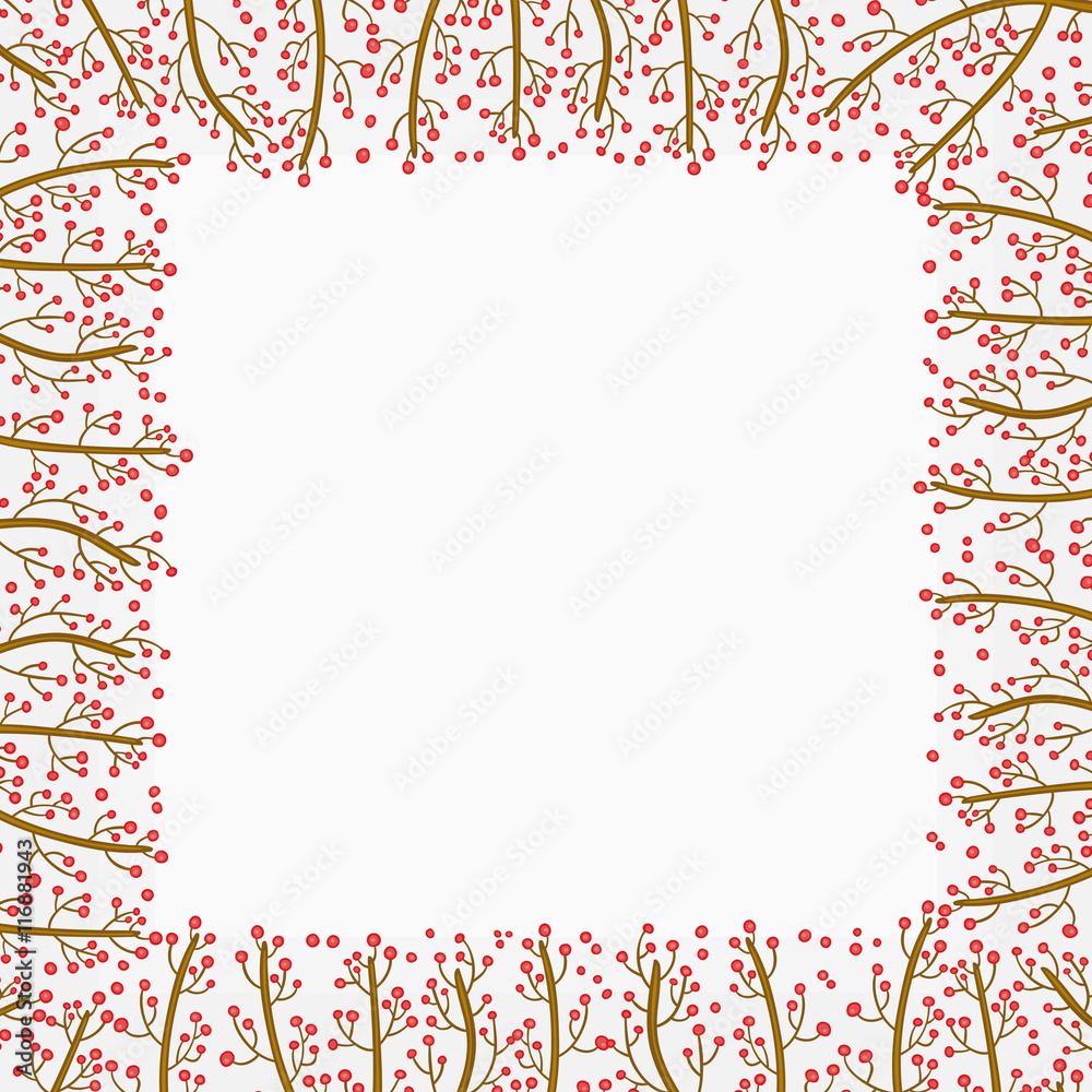 Decorative frame of hand-drawn and painted branches with berries. Vector graphics.