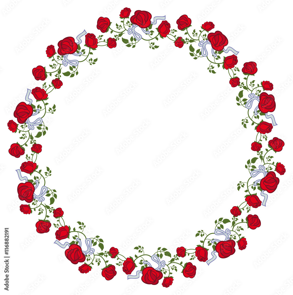 Round frame with red roses. Vector clip art.