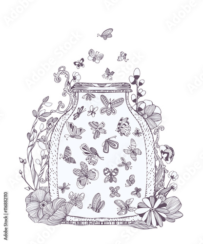 Black and white set of cute butterflies in bug, flowers. Jar with fireflies, doodle collection for adult coloring book page. Hand drawn vector illustration, decorative separated elements.