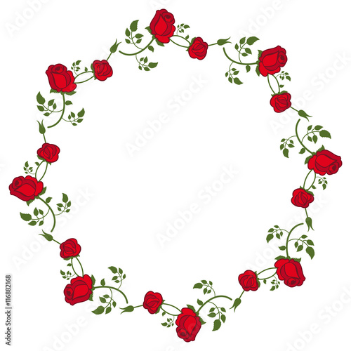 Round frame with red roses. Vector clip art.