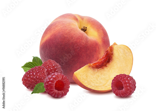 Whole peach fruit raspberry isolated on white background as package design element