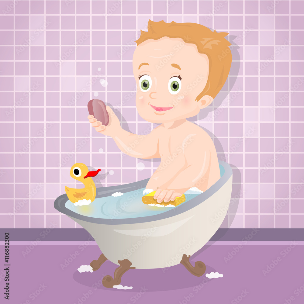 Naklejka premium Cute baby boy smiling while talking a bath in bathroom
