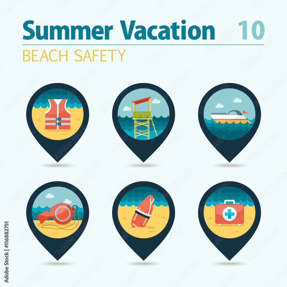 Lifeguard beach safety pin map icon set. Vacation