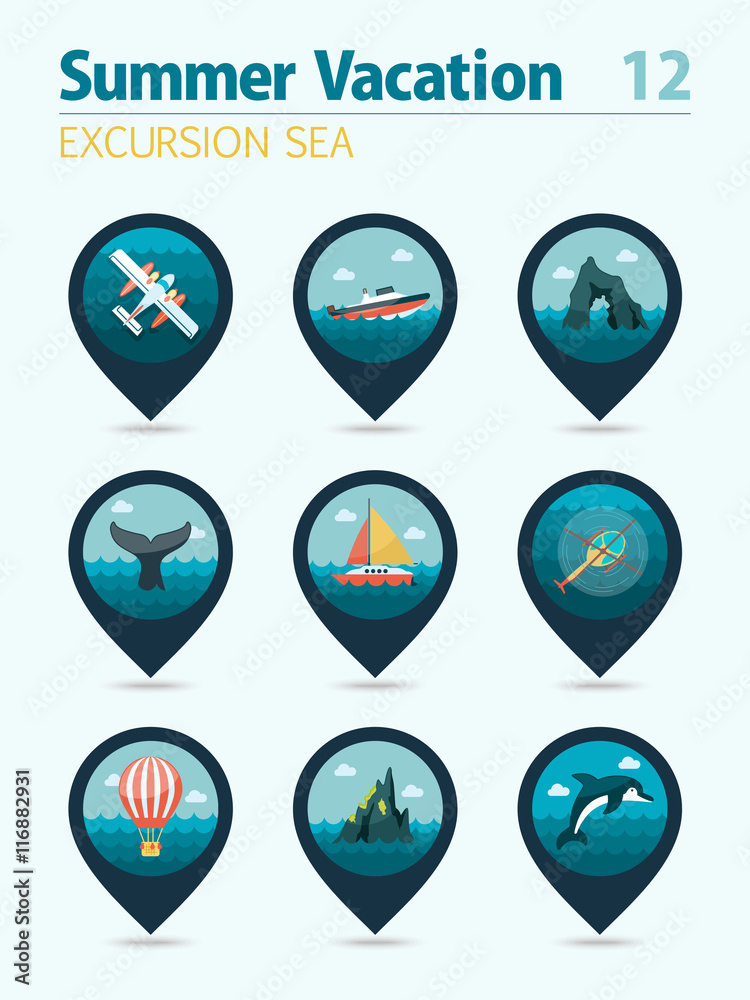 Excursion sea pin map icon set. Summer. Vacation Excursion sea pin map icon set. Summer. Vacation