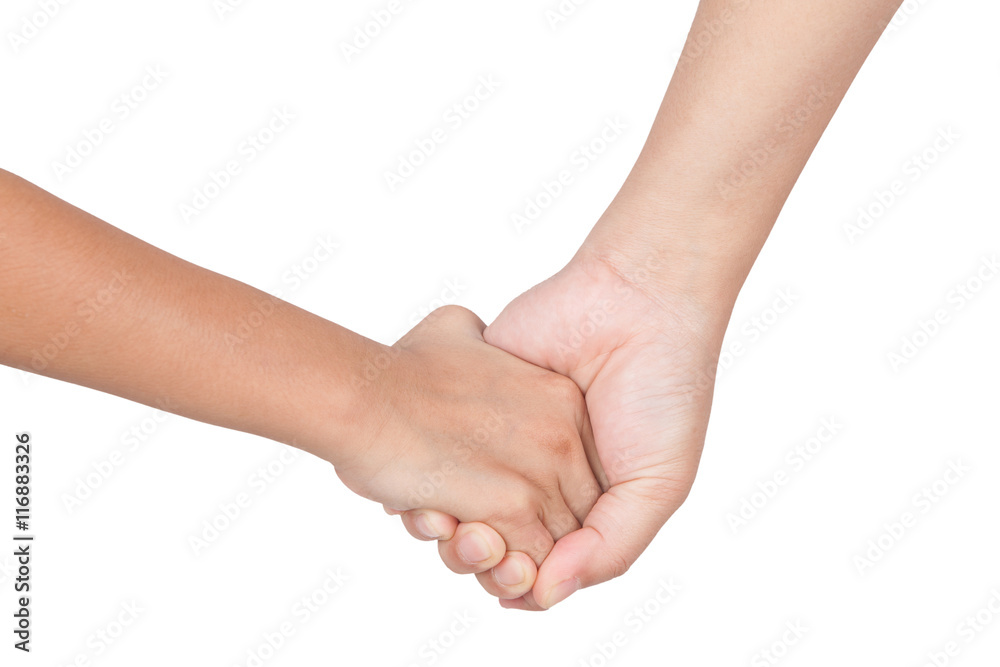 Caucasian mom and daughter hold hand isolated on white backgroun