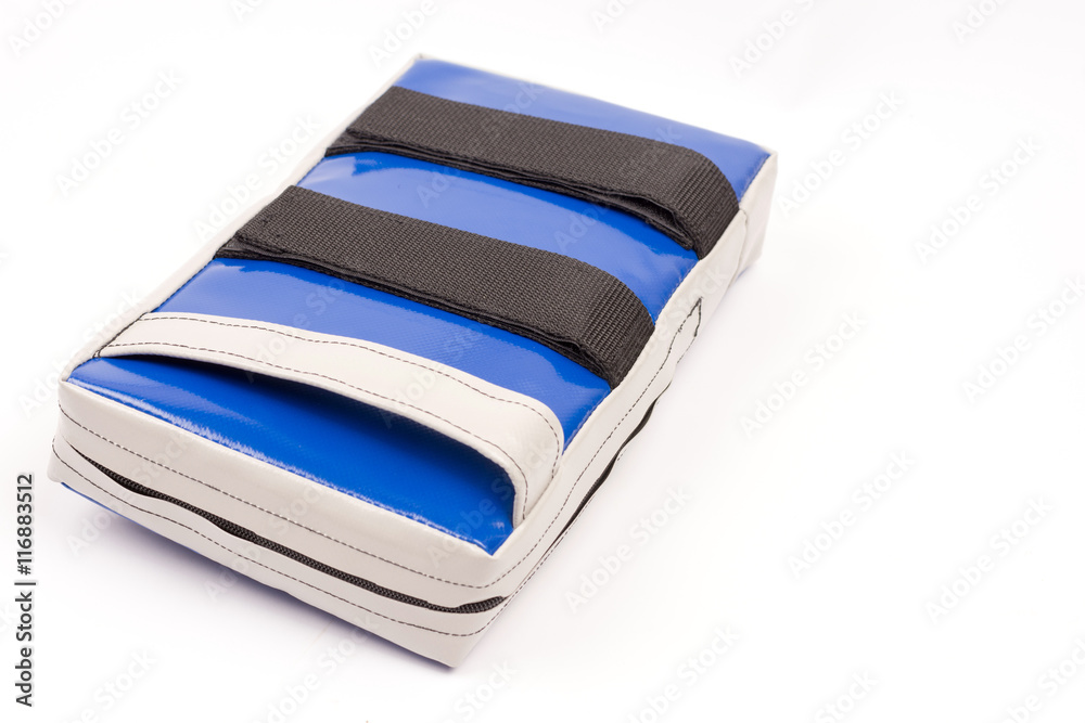 Blue kick box kicking bag over white background Blue kick box kicking bag over white background