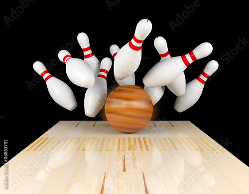 Bowling strike  scattered skittle and bowling ball on bowling lane with motion blur on bowling ball  3D rendering
