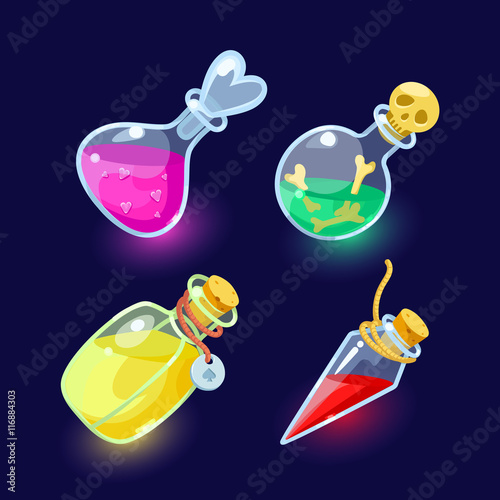 Glass flasks with colorful liquids