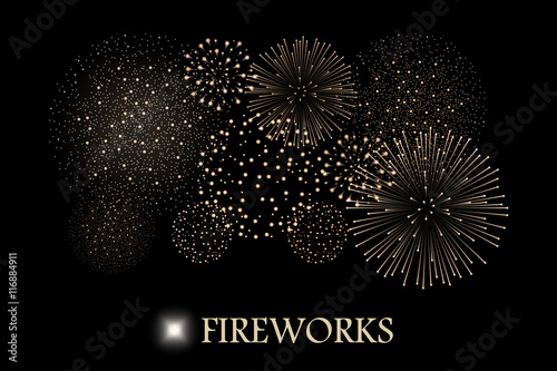 Golden firework show isolated on black background. Vector illustration