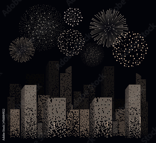 White firework show on night city landscape background. Vector illustration