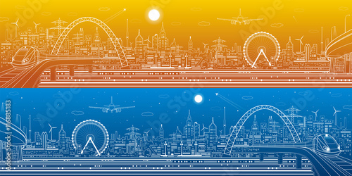 Industrial and transport panorama, urban skyline, white lines landscape, day and night city, airplane fly, train on the bridge, vector design art photo