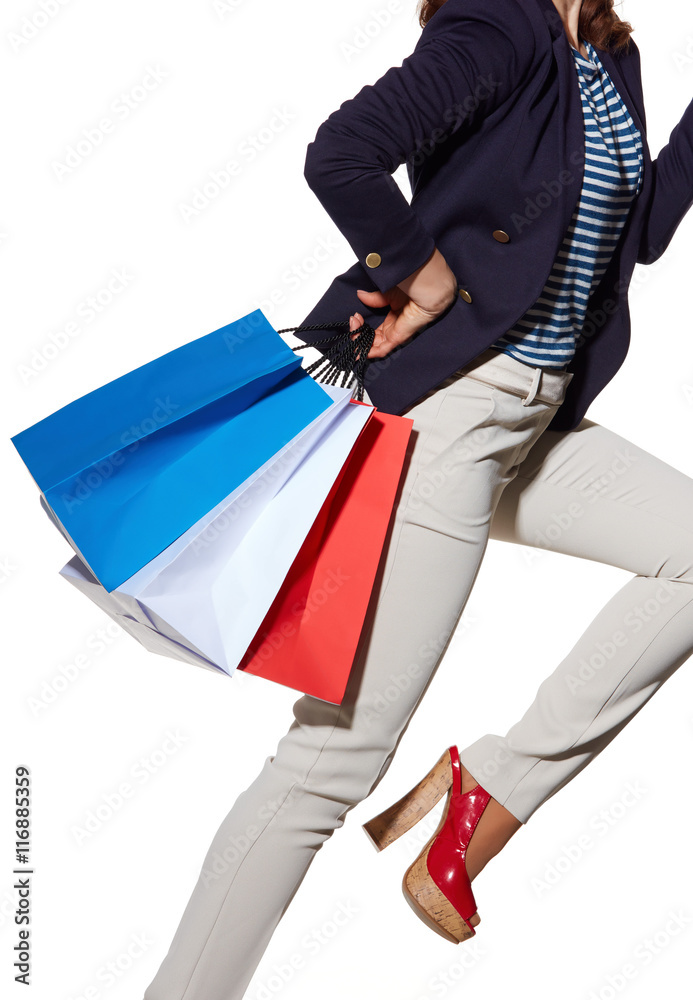 cheerful woman with shopping bags in sunglasses on white cheerful woman with shopping bags in sunglasses on white