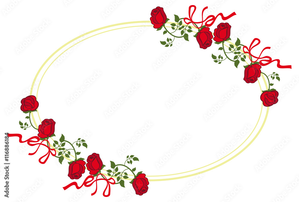 Oval frame with red roses. Vector clip art.