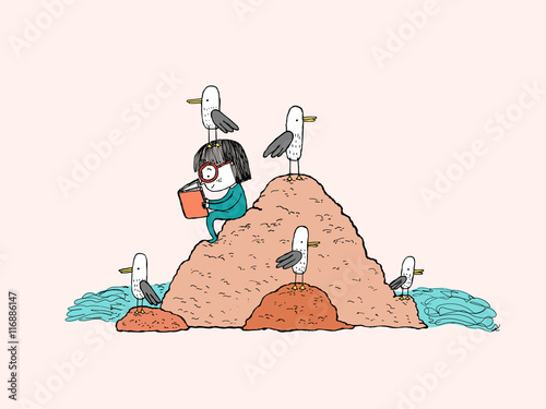 Girl reading in a beach rock surrounded by seagulls, hand drawn