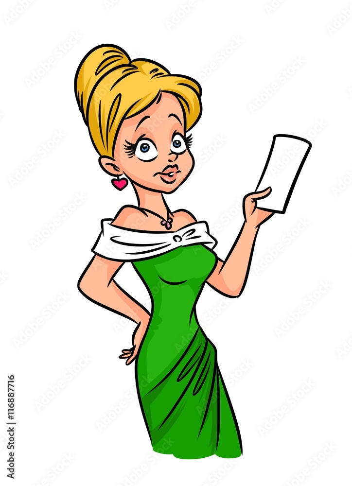 Beautiful blonde girl Presentation green dress cartoon illustration Beautiful blonde girl Presentation green dress cartoon illustration