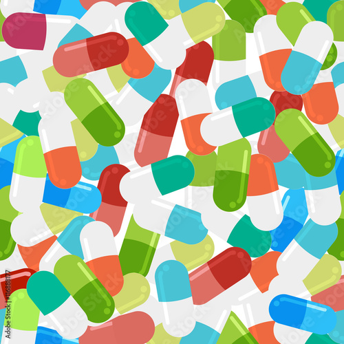 Medicine vector seamless pattern. Colorful tablets with capsules. 