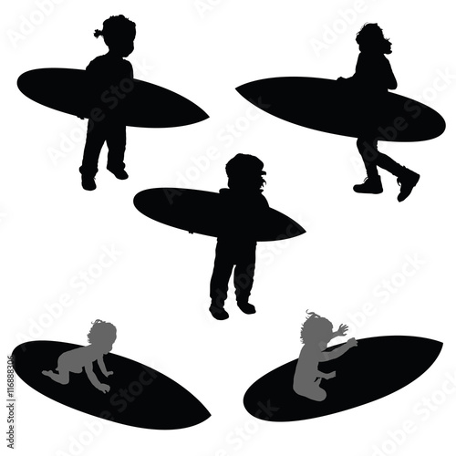 child silhouette with surfboard in black illustration