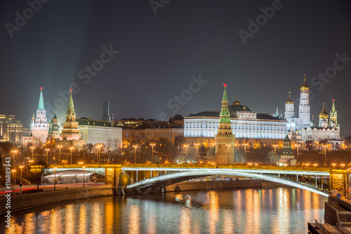Night view of the Moscow Kremlin. Popular tourist view of the main attraction of Moscow.