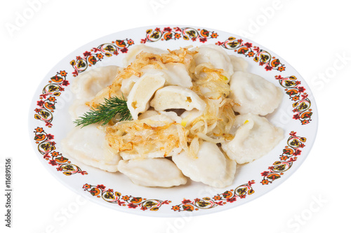 Ukrainian dumplings with potatoes on plate, isolated