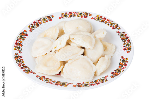 Ukrainian dumplings with cottage cheese on plate, isolated