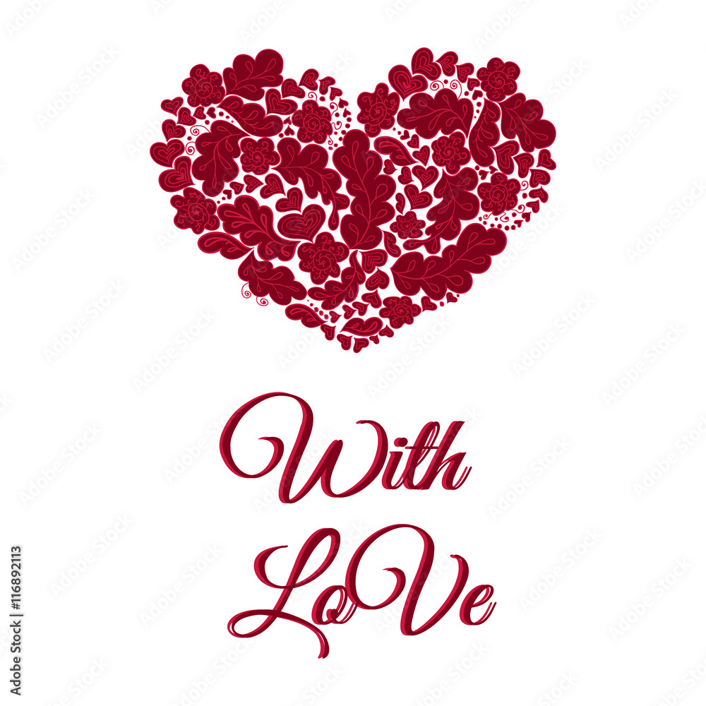 Fototapeta Floral doodle card. White and vinous heart. With love