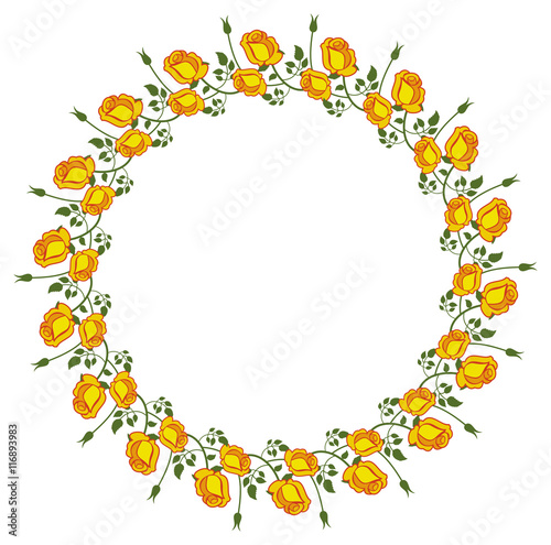 Round frame with yellow roses. Vector clip art.