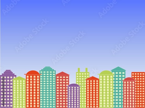 City series background. Colorful buildings, blue bright clear sky, sunny day, vector illustration