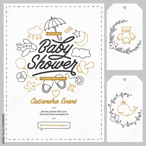 Baby shower invitation templates set. Hand drawn vintage illustration.
