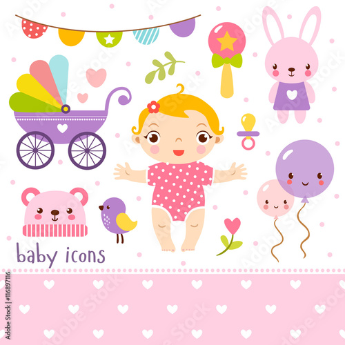Cute cartoon baby girl set. Baby icons set.