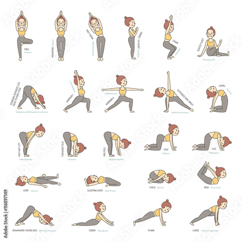 Yoga basic poses with names colored vector set with woman.