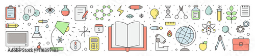 Education and science outline horizontal vector illustration.