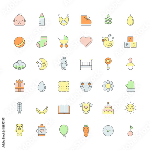 Baby (girl and boy) cute outline colored icons vector set.