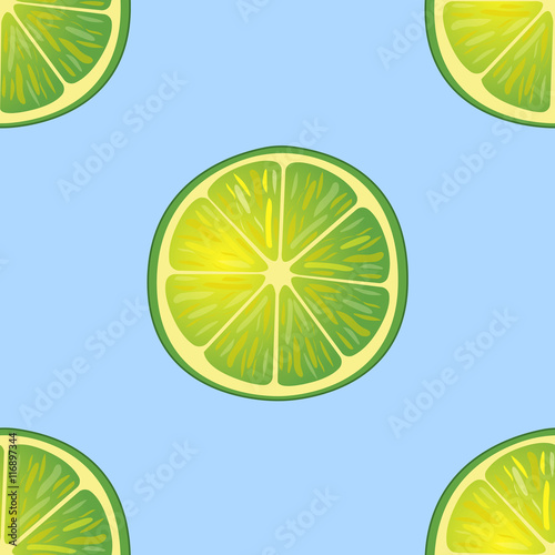 Vector illustration of big lime slices in same angles on blue. Pattern.