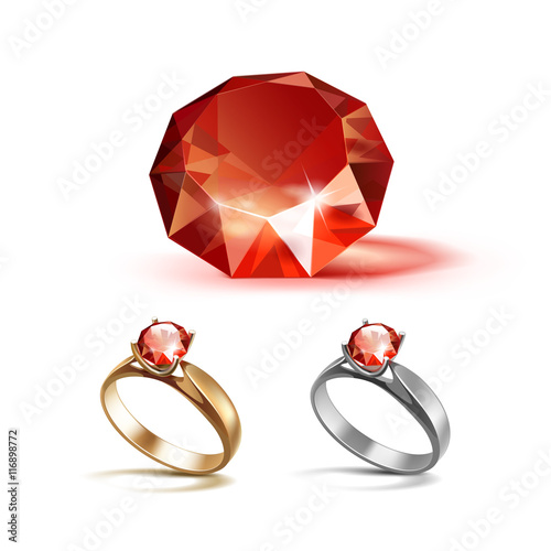 Gold and Siver Engagement Rings with Red Shiny Clear Diamond