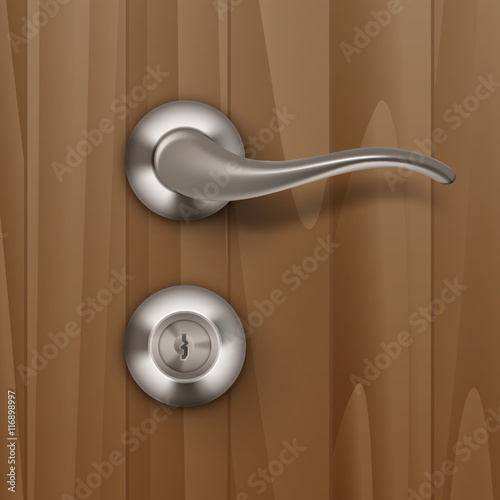 Vector Metal Door Handle Lock Isolated on Wood Wooden Background
