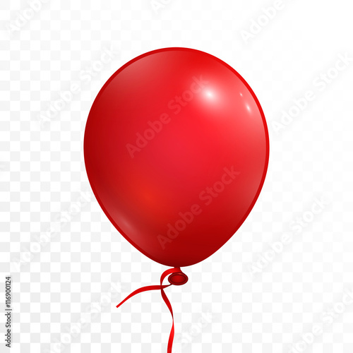 Realistic red balloon with ribbon. Isolated on white transparent background. Vector illustration, eps 10.
