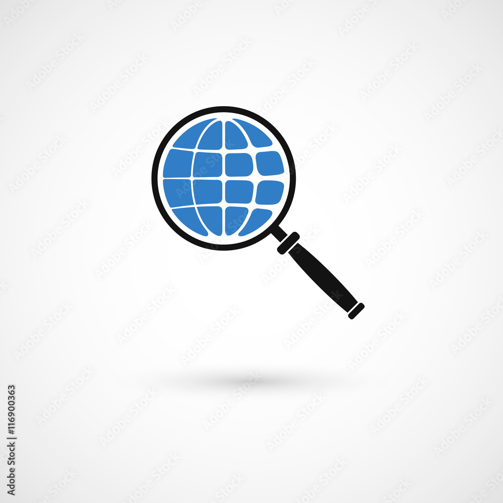 Earth with magnifying glass search icon. Isolated on white background. Vector illustration, eps 10. Earth with magnifying glass search icon. Isolated on white background. Vector illustration, eps 10.