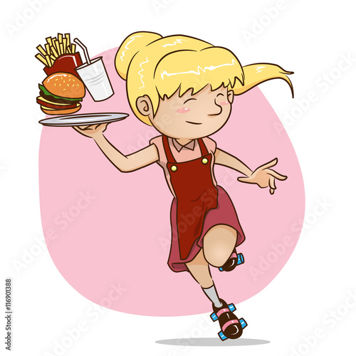 waitress - burger, french fries, potato fries, soda drink, rollerblade