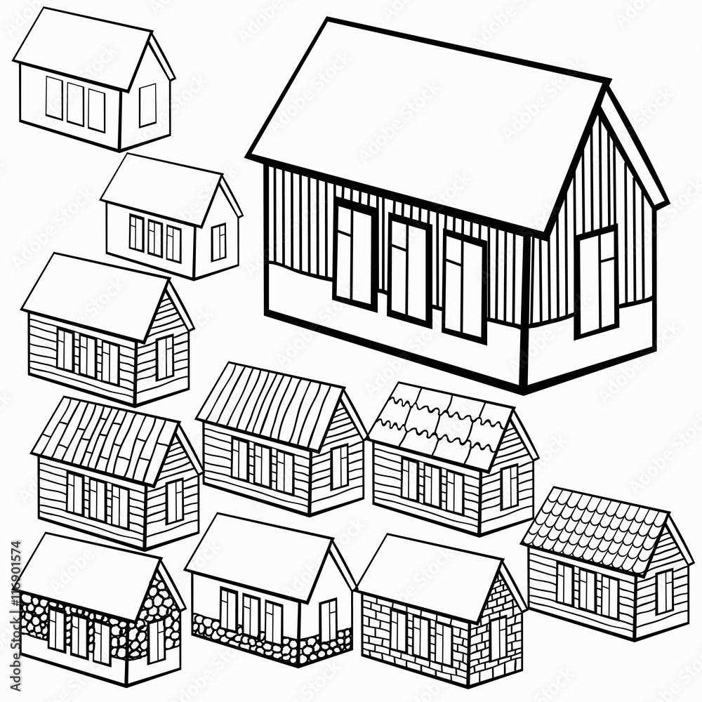 set of wooden houses and brick, stone graphics. 