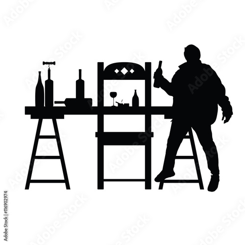 man drunk silhouette with bottle in black illustration