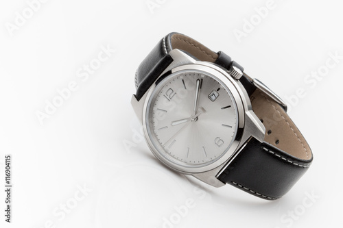 Men's watch with black leather band on white background.