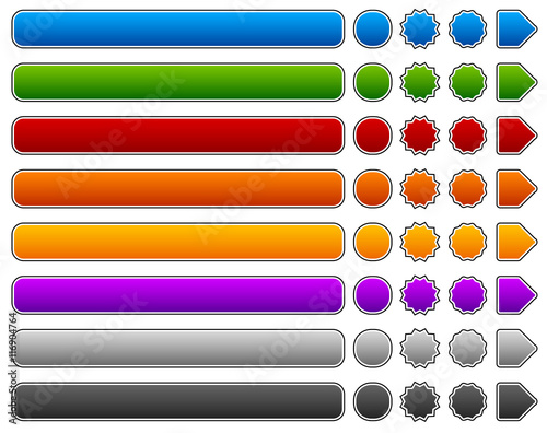 Set of rectangle, circle, starburst buttons, banners and arrows.