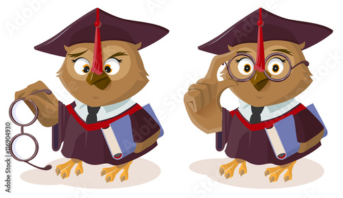 Owl teacher with book and poor eyesight