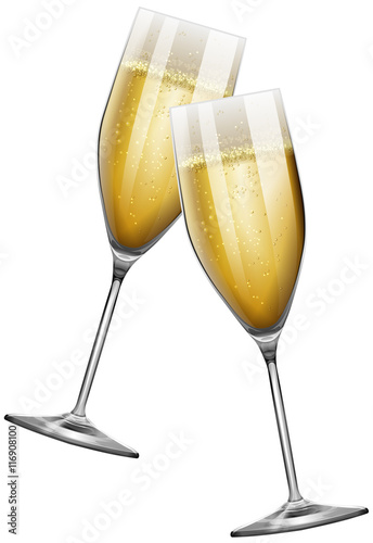 Two champagne glasses on white