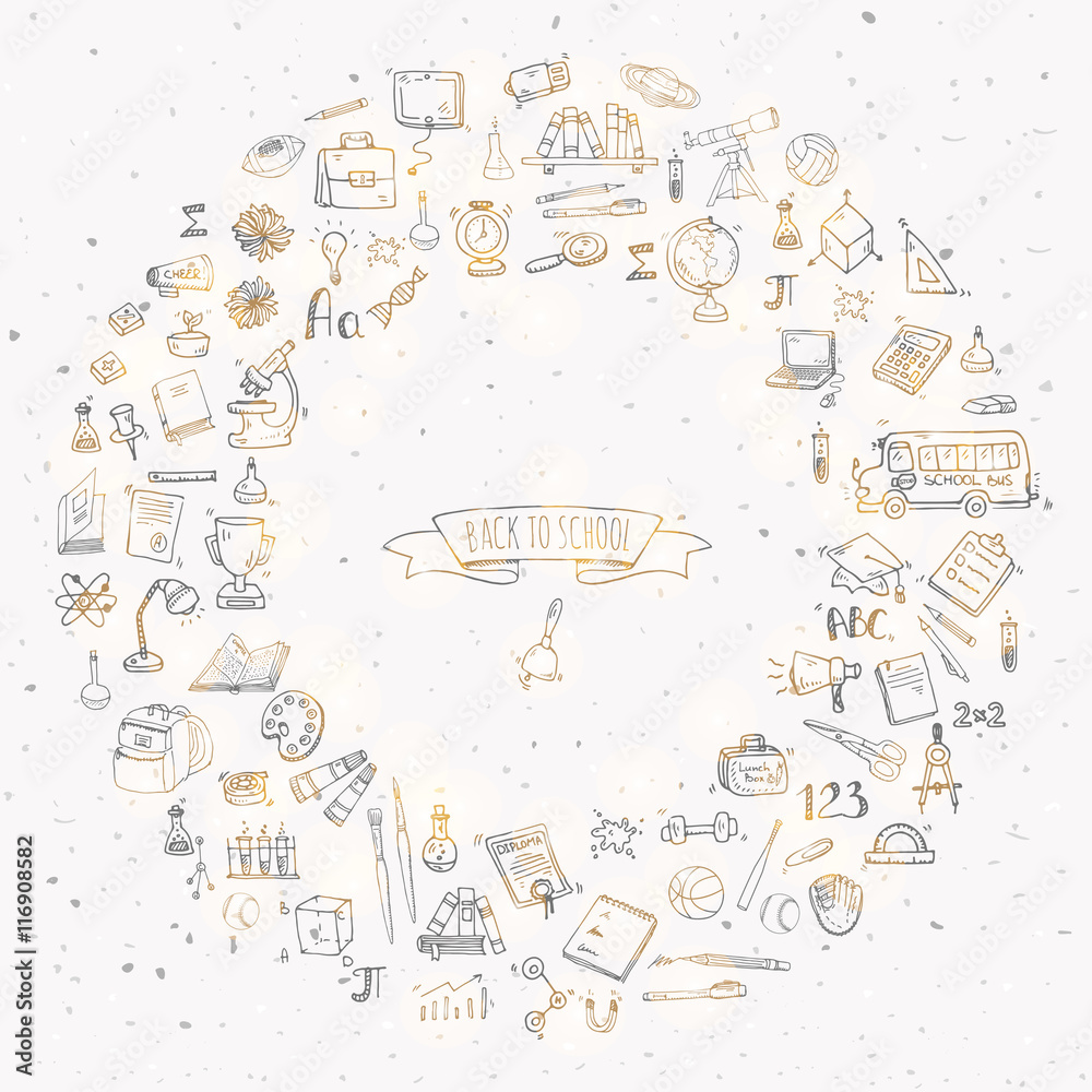 Hand drawn doodle Back to school icons set Vector illustration educational symbols collection Cartoon various learning elements: Laptop; Lunch box; Bag; Microscope; Telescope; Books; Pencil Sketch bus Hand drawn doodle Back to school icons set Vector illustration educational symbols collection Cartoon various learning elements: Laptop; Lunch box; Bag; Microscope; Telescope; Books; Pencil Sketch bus