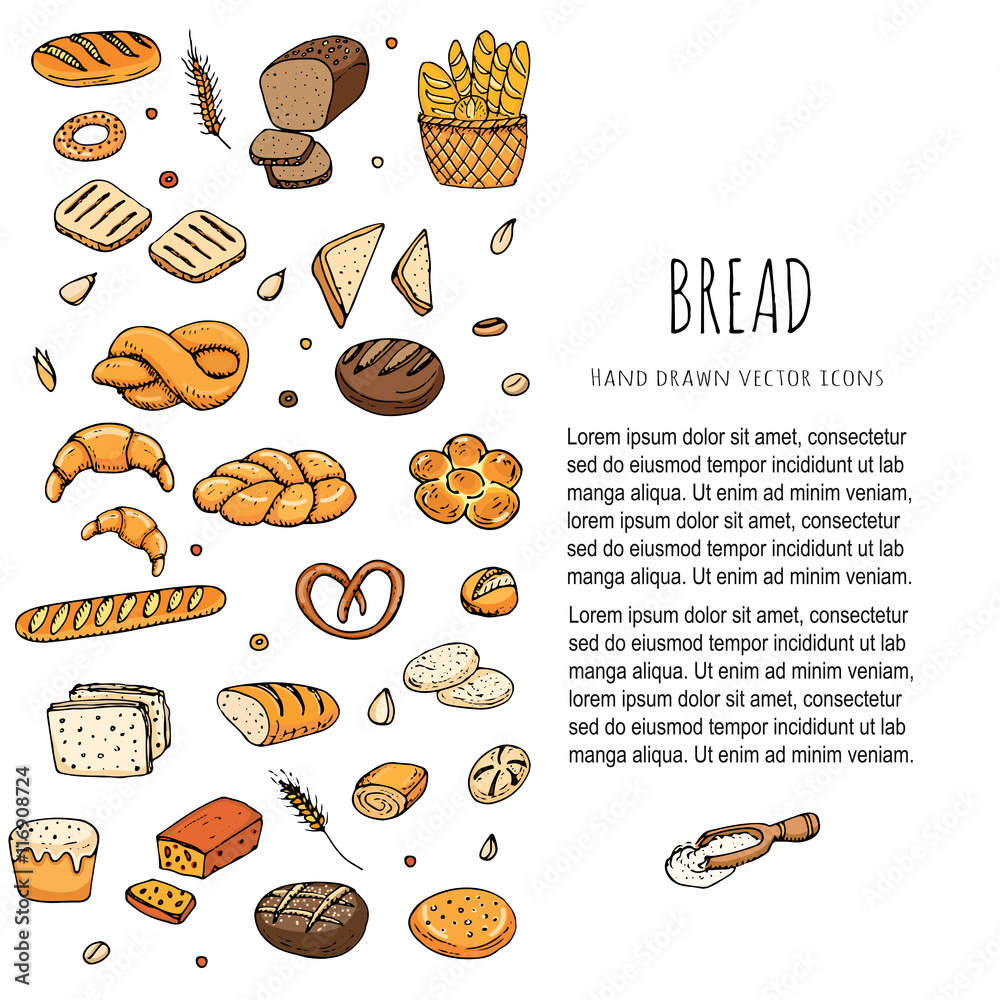 Hand drawn doodles of cartoon food: rye bread, ciabatta, whole grain bread, bagel, sliced bread, french baguette, croissant, sandwich, cake. Bread set. Vector illustration. Sketch elements collection. Hand drawn doodles of cartoon food: rye bread, ciabatta, whole grain bread, bagel, sliced bread, french baguette, croissant, sandwich, cake. Bread set. Vector illustration. Sketch elements collection.