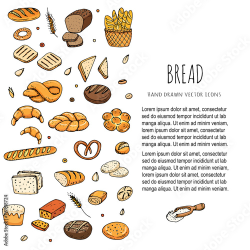 Hand drawn doodles of cartoon food: rye bread, ciabatta, whole grain bread, bagel, sliced bread, french baguette, croissant, sandwich, cake. Bread set. Vector illustration. Sketch elements collection.