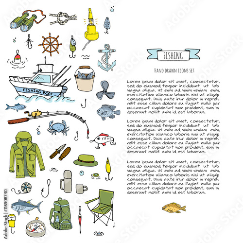 Hand drawn doodle Fishing icons set. Vector illustration. Cartoon catching fish equipment elements collection: Rod, Baits, Spinning, Lure, Inflatable Boat, Yacht, Lighthouse, Cloth, Safety jacket.