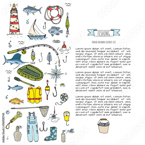 Hand drawn doodle Fishing icons set. Vector illustration. Cartoon catching fish equipment elements collection: Rod, Baits, Spinning, Lure, Inflatable Boat, Yacht, Lighthouse, Cloth, Safety jacket.
